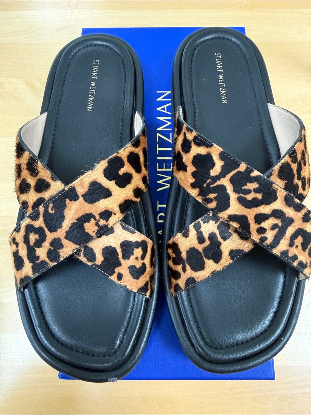 Stuart Weitzman Elodie Leopard-Print Cross-Strap Slide Sandals